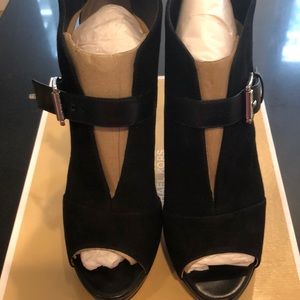 NIB Michael Kors “Isabella” Black suede peep-toe booties.